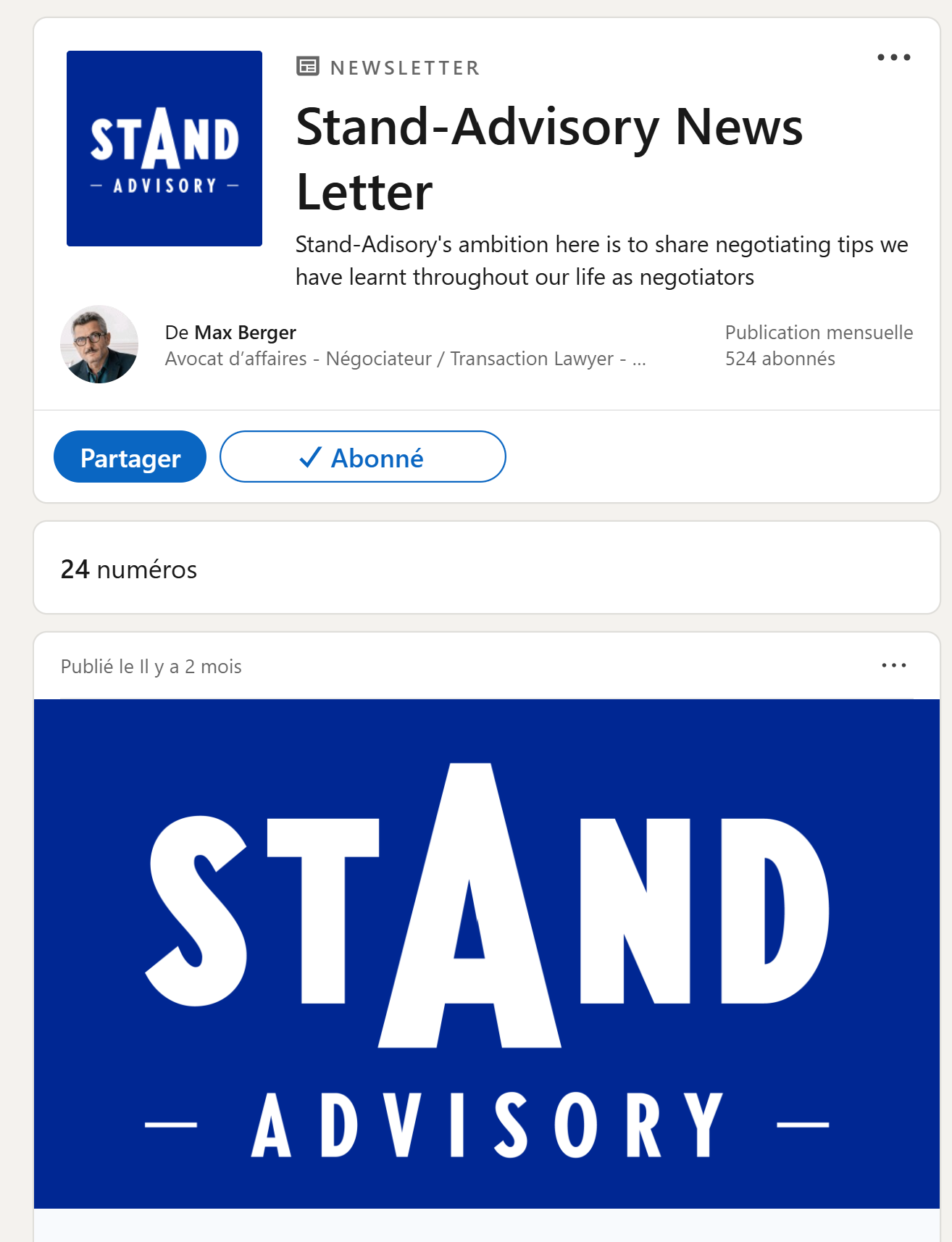 Aperçu de la page LinkedIn Newsletter STAND-ADVISORY